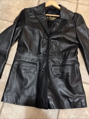 Vintage Nano Black Leather Button-Front Women's Blazer Jacket